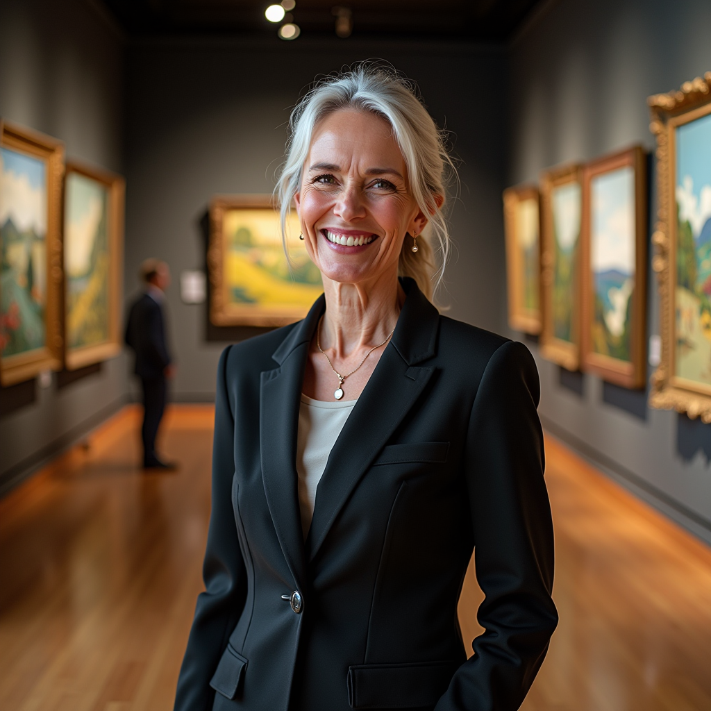 Museum director portrait - professional woman in her 50s with warm smile, wearing elegant business attire, standing in museum gallery with Van Gogh paintings visible in background