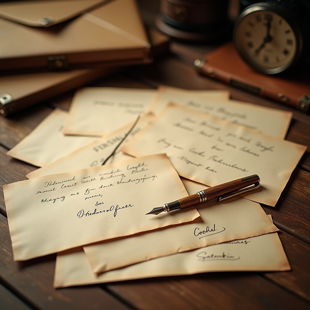 Vintage letters and envelopes scattered on a wooden desk with a quill pen, depicting Vincent van Gogh's correspondence with his brother Theodorus, warm sepia tones with soft lighting