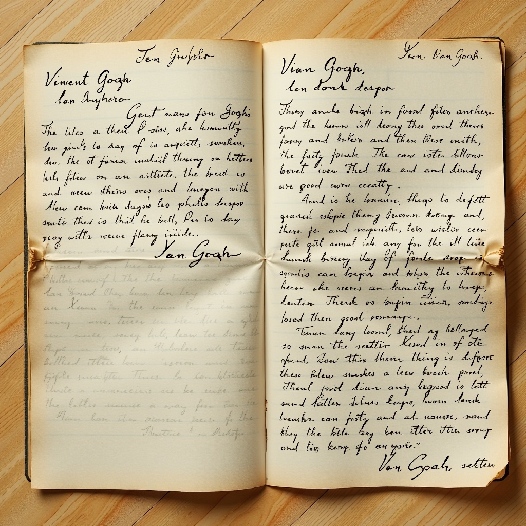 Historical letters between Vincent van Gogh and his brother Theodorus, showing handwritten correspondence with sketches and personal notes revealing the artist's creative process and philosophical thoughts