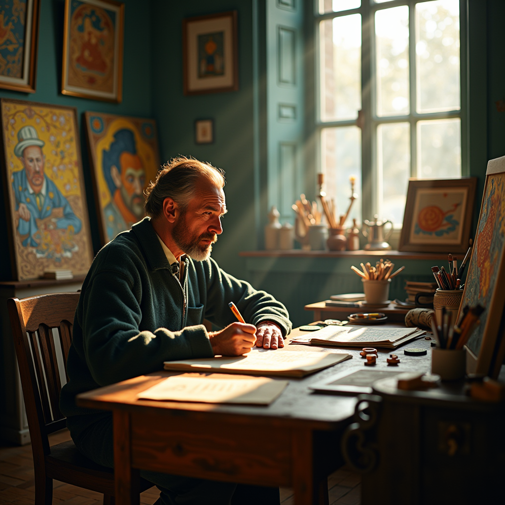 Vincent van Gogh writing at his desk in Arles, surrounded by canvases and art supplies, warm afternoon light streaming through window, intimate interior scene