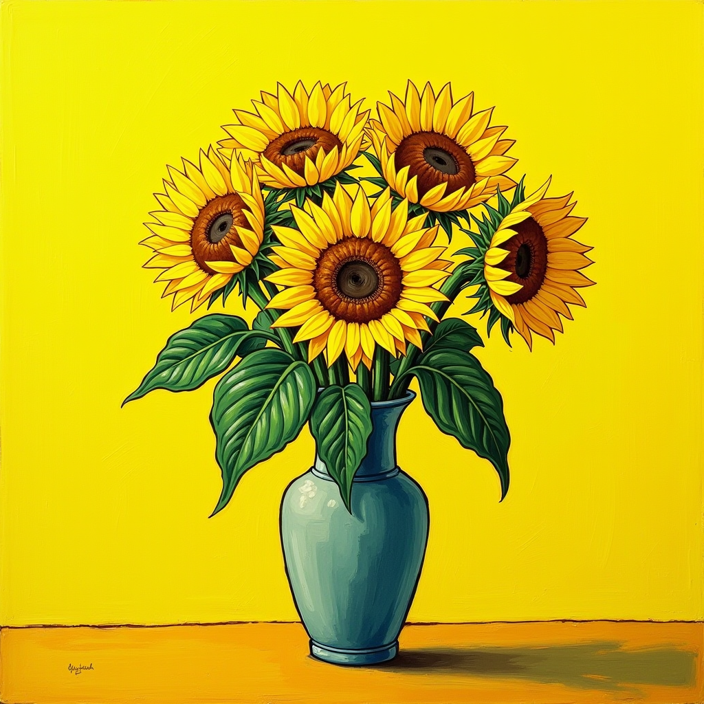 Vincent van Gogh's famous Sunflowers painting showing vibrant yellow blooms in a vase against a yellow background, demonstrating his revolutionary use of chrome yellow pigments and impasto technique