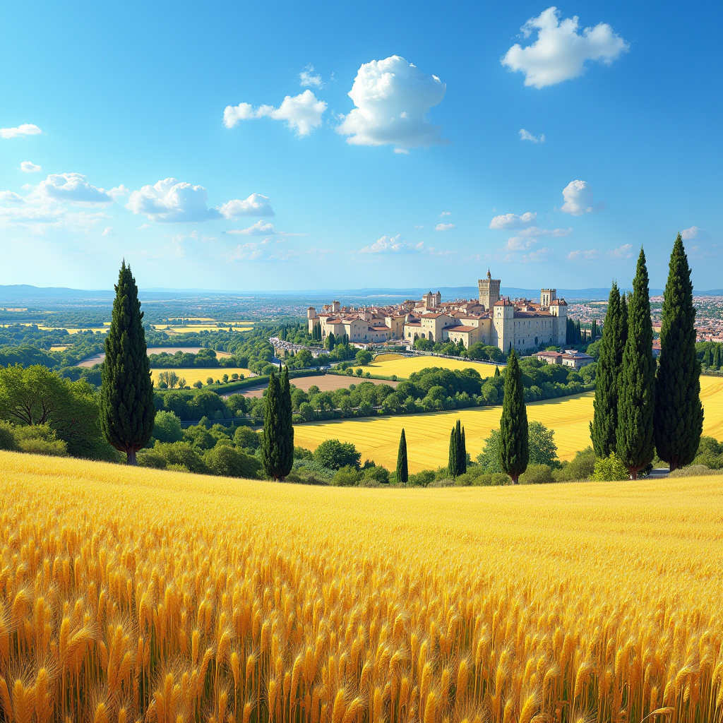 Panoramic view of Arles, France in spring showing the yellow wheat fields, cypress trees, and the distinctive Provençal landscape that inspired Vincent van Gogh during his stay from 1888-1889, with the ancient Roman arena visible in the background under a brilliant blue sky