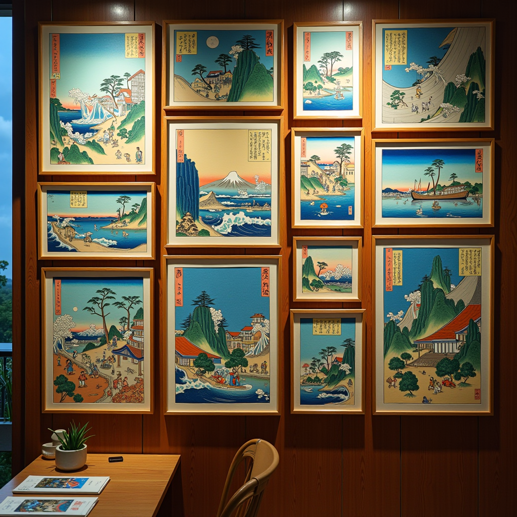 Vincent van Gogh's personal collection of Japanese ukiyo-e prints displayed on a wall, showing various works by Hiroshige and other masters, with vibrant colors and traditional Japanese compositions featuring landscapes, flowers, and figures