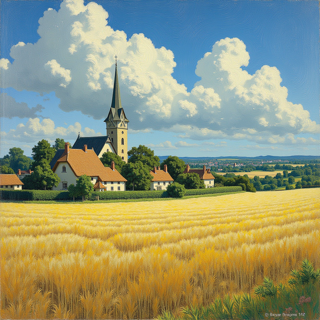 Panoramic view of Auvers-sur-Oise village in late spring, showing the church spire rising above thatched-roof houses, wheat fields in the foreground under a dramatic cloudy sky, painted in Van Gogh's characteristic swirling brushstroke style with blues, greens, and golden yellows