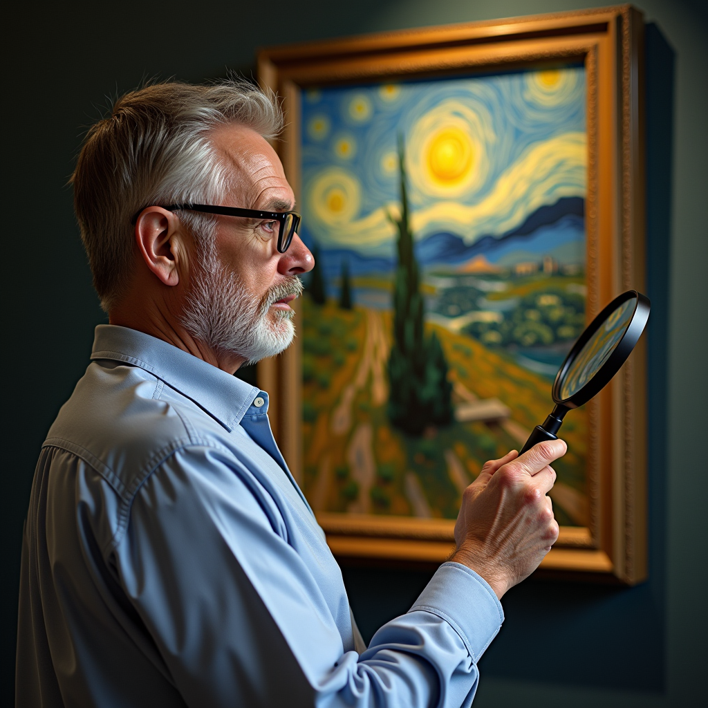 Chief curator portrait - distinguished man in his 40s with glasses, wearing casual professional attire, examining a Van Gogh painting with magnifying glass