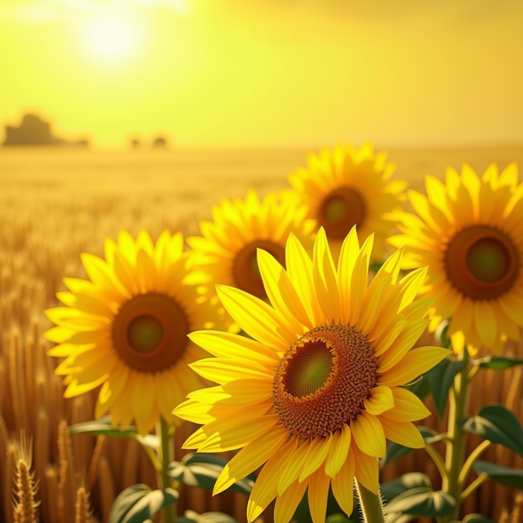 Close-up of vibrant yellow sunflowers in full bloom against a golden wheat field under bright sunlight, showcasing various shades of yellow from pale lemon to deep gold, impressionist painting style