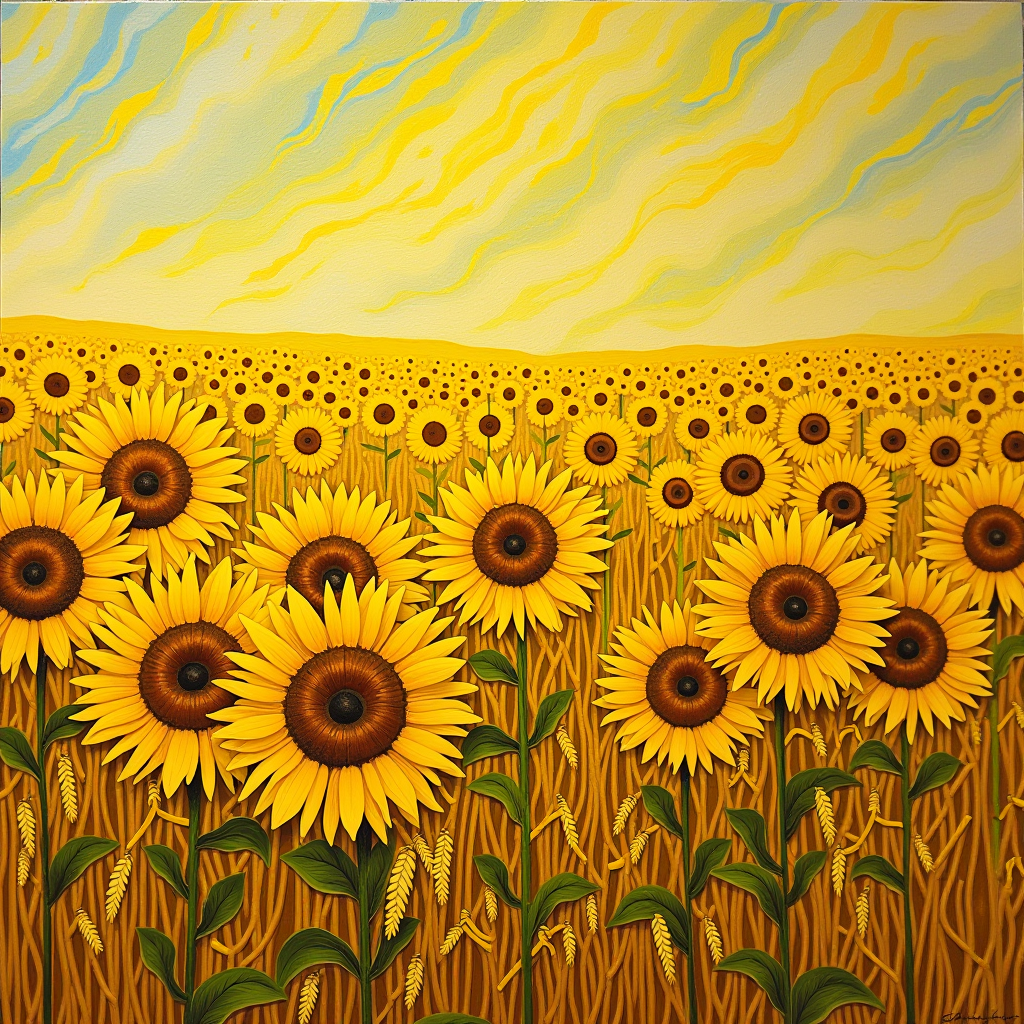 Vibrant yellow sunflowers and wheat fields painted by Vincent van Gogh, showcasing his masterful use of golden yellow pigments and the emotional impact of this color in his artwork