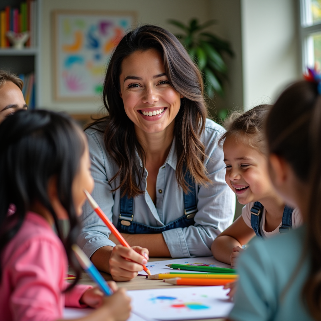 Education director portrait - enthusiastic woman in her 30s with bright expression, surrounded by children in museum workshop setting, holding art supplies