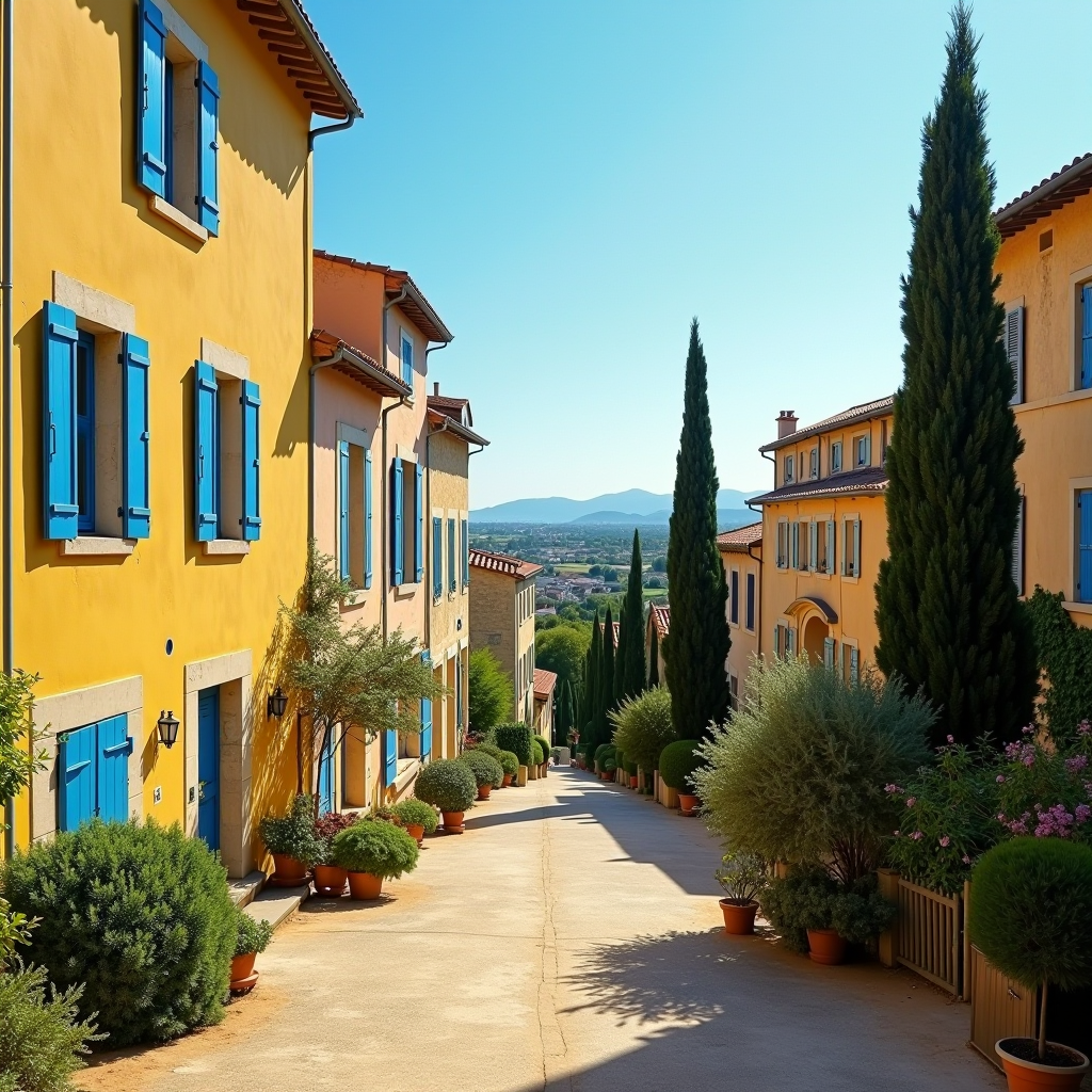 Picturesque view of Arles, France with yellow stone buildings, blue shutters, and bright Provencal sunlight casting long shadows, cypress trees in the background, Mediterranean landscape with vibrant colors
