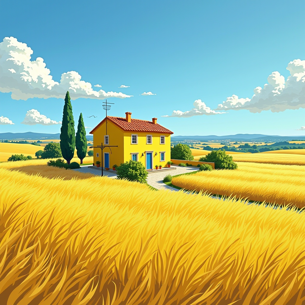 Sunny landscape of Arles, France with the yellow house where Vincent van Gogh lived and painted, surrounded by Provençal fields and bright southern light that inspired his vibrant palette