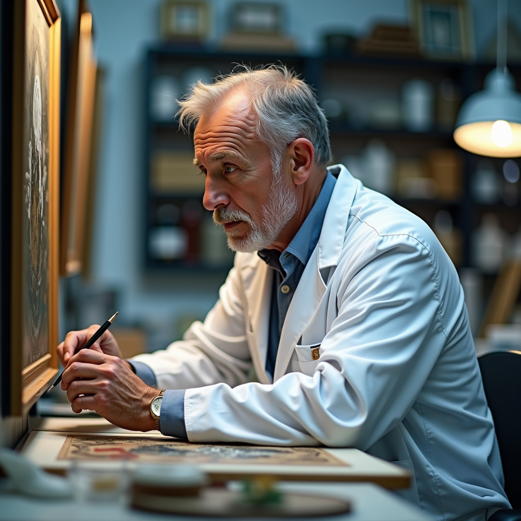 Conservation specialist portrait - focused man in his 50s wearing lab coat, working carefully on painting restoration in well-lit conservation laboratory