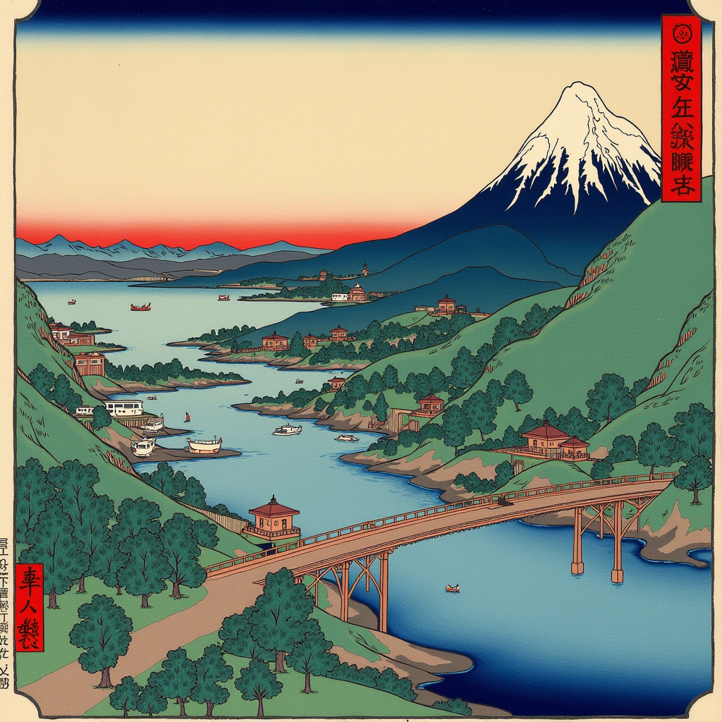 Japanese ukiyo-e woodblock prints by Hiroshige alongside Van Gogh's copies and interpretations, showing the influence of Eastern art on Western painting with bold outlines and flat color areas